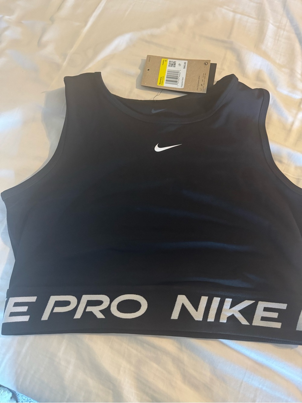 Nike Black Crop Sports Tank with White Swoosh and Branded Hem - Picture 1 of 4
